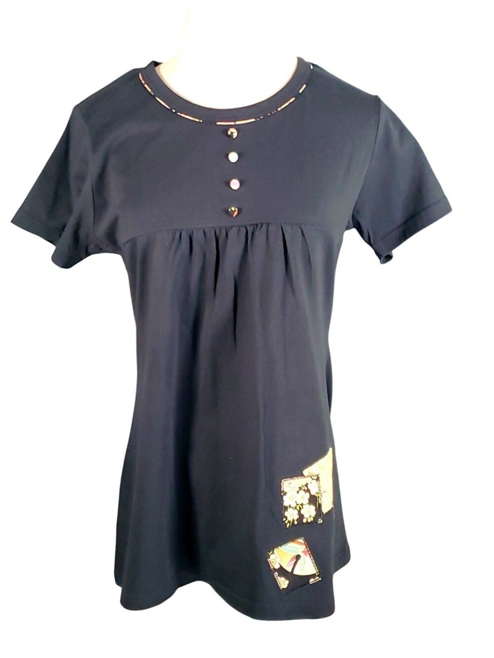 Michiko London Rare Empire Patchwork Applique Contrast Button 80s Henly Tee Top